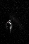  1boy absurdres arms_behind_back canvas_texture commentary english_commentary floating glowing highres lonely male_focus monochrome muscular muscular_male original photonisdead sky solo space star_(sky) starry_sky 