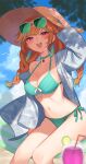  1girl bare_shoulders bikini blurry blurry_foreground bow bow_bikini braid breasts choker cleavage collarbone colored_tips drink earrings eyewear_on_head feather_earrings feathers gradient_hair green_hair gukurosawa01 hammock hand_on_headwear hat highres hololive hololive_english jewelry long_hair looking_at_viewer medium_breasts multicolored_hair navel open_clothes open_mouth open_shirt orange_hair outdoors pinstripe_pattern purple_eyes side-tie_bikini sitting sky smile solo striped sun_hat sunglasses swimsuit takanashi_kiara twin_braids virtual_youtuber 