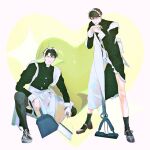  2boys apron black_dress black_hair dress duster dustpan enmaided full_body grin highres holding holding_duster holding_dustpan holding_mop kim_dokja looking_at_another maid maid_apron maid_headdress male_focus mop multiple_boys omniscient_reader's_viewpoint short_hair smile tix_0314 yoo_joonghyuk 