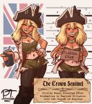  1girl absurdres american_revolution american_revolution_smuggler beer_can black_boots black_pantyhose boots bow breasts can character_name cleavage clothing_request commentary crop_top drink drink_can drunk english_commentary english_text feet_out_of_frame florida_(american_revolution_smuggler) green_shorts green_tube_top hand_on_own_hip hat hat_bow highres holding holding_board holding_drink jacket jpt_arts knee_boots looking_at_viewer medium_breasts mob_face mugshot multiple_views navel news pantyhose personification seductive_smile sharp_teeth shirt_tan shorts signature smile standing strapless tan tanlines teeth torn_clothes torn_jacket tube_top wrist_cuffs 