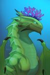 anthozoan bioluminescence blue_background blue_eyes calm claws cnidarian coral coral_crown crown digital_media_(artwork) dragon dungeons_and_dragons european_mythology fantasy feral glowing glowing_eyes green_body green_scales hasbro headgear hi_res long_neck majestic male marine mythological_creature mythological_scalie mythology owl_light reptile scales scalie side_view simple_background solo western_dragon wizards_of_the_coast