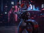  animated black_body black_fur breasts canid canine canis city clothed clothing cyberpunk female fire fur hair jacket katana looking_at_viewer mammal melee_weapon mononi night red_eyes red_hair smile solo sword topwear weapon wolf 