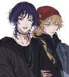  2boys aether_(genshin_impact) alternate_costume alternate_hairstyle blonde_hair cigarette earrings genshin_impact jewelry liann1009 long_hair long_sleeves looking_to_the_side low_ponytail multiple_boys nail_polish necklace purple_eyes purple_hair purple_nails red_headwear scaramouche_(genshin_impact) short_hair smoking star_(symbol) star_earrings yaoi yellow_eyes 