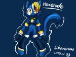 anthro blonde_hair blue_body blue_fur clothing domestic_cat e621 felid feline felis fur hair hexerade hi_res libartrooms male mammal mascot white_hair yellow_eyes