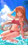  1girl bare_arms bare_legs bare_shoulders beach bikini blurry blurry_background blush brown_hair closed_mouth cloud cloudy_sky collarbone day green_eyes helena_(kancolle) highres kantai_collection long_hair navel ocean palm_leaf red_bikini signature sky smile solo swimsuit wss_(nicoseiga19993411) 
