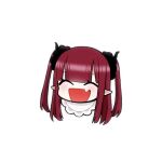  black_horns chibi closed_eyes cosplay demon_girl demon_horns fake_horns fake_pointy_ears fang fukuda_shinichi head_only horns kitagawa_marin long_hair official_art pointy_ears red_eyes rizu-kyun rizu-kyun_(cosplay) simple_background sono_bisque_doll_wa_koi_wo_suru white_background 