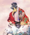  1boy animal animal_ears black_hair chrysanthemum coat covered_mouth floating_hair flock floral_print flower hand_up japanese_clothes katana kaze_hikaru kemonomimi_mode kikumon kimono long_sleeves male_focus obi object_kiss okita_souji_(kaze_hikaru) ponytail profile red_coat sarutub sash snowing sword weapon white_kimono wide_sleeves wolf wolf_ears 