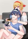  2girls absurdres alternate_costume bare_shoulders blanc_(studio_artblock) blonde_hair blue_bow blue_eyes blue_hair blue_nails blue_shirt blush bow bow_earrings casual collarbone colored_inner_hair commentary controller earrings english_commentary game_controller hair_between_eyes hair_intakes hairband highres holding holding_controller holding_game_controller hololive hololive_english hololive_indonesia jewelry kaela_kovalskia multicolored_hair multiple_girls open_mouth ouro_kronii pink_nails red_eyes red_hairband shirt short_hair sitting sitting_on_lap sitting_on_person smile virtual_youtuber white_hairband white_shirt 