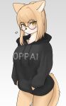  2022 anthro blush bottomless canid canine clothed clothing eyewear female female_anthro fox fur glasses hair hand_in_pocket hi_res hoodie hoodie_only kemono korfiorano looking_at_viewer mammal multicolored_body multicolored_fur pockets portrait solo tan_body tan_fur tan_hair three-quarter_portrait topwear topwear_only two_tone_body two_tone_fur white_body white_fur 