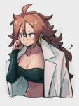  1girl android_21 black_eyes breasts cleavage closed_mouth collarbone dragon_ball dragon_ball_fighterz earrings glasses grey_background hair_between_eyes hoop_earrings jewelry kemachiku labcoat long_hair looking_away looking_to_the_side medium_breasts navel red_hair simple_background solo 
