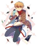  1boy blonde_hair bracelet camera david_(lalin's_curse) gradient_hair hair_between_eyes holding holding_camera isakysaku jacket jewelry lalin's_curse looking_at_viewer male_focus midriff_peek multicolored_hair pants photo_(object) print_shirt red_footwear red_scarf scarf shirt shoelaces smile solo white_background yellow_eyes 