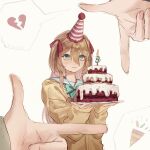  1girl :3 aqua_bow aqua_bowtie birthday birthday_cake blue_eyes blue_sailor_collar blush bow bowtie brown_hair cake candle cardigan dgucedunno double-parted_bangs evil_neuro-sama finger_frame food hair_between_eyes hair_ornament hair_ribbon heart heart_hair_ornament highres holding holding_plate long_hair long_sleeves looking_at_viewer mini_party_hat neuro-sama out_of_frame party_popper plate pointing red_ribbon ribbon sailor_collar simple_background spoken_broken_heart sprinkles two_side_up upper_body vedal987 vedal_ai white_background yellow_cardigan 