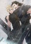  2b_fff 2boys aqua_eyes arm_around_back arm_around_shoulder armor belt black_gloves black_hair black_shirt blonde_hair blue_shirt buster_sword cloud_strife final_fantasy final_fantasy_vii final_fantasy_vii_remake gloves grey_background hair_between_eyes hair_slicked_back holding holding_sword holding_weapon male_focus materia messy_hair multiple_belts multiple_boys open_mouth rain scar scar_on_cheek scar_on_face shirt short_hair shoulder_armor sideburns sleeveless sleeveless_turtleneck smile spiked_hair suspenders sword teeth turtleneck upper_body upper_teeth weapon zack_fair 