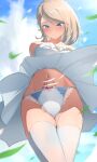  1girl bangs bar_censor bare_shoulders blonde_hair blue_eyes blue_sky blush breasts bulge censored cloud collarbone day dress erection erection_under_clothes from_below futanari looking_down medium_breasts navel off-shoulder_dress off_shoulder original outdoors panties penis short_hair sky solo sweat swept_bangs thighhighs tontekiss_(artist) underwear upskirt white_dress white_panties white_thighhighs wide-eyed wind 