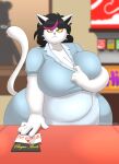  &lt;3 absurd_res anthro anthro_focus apron arrow_through_heart belly big_breasts black_hair blurred_background breasts catti_(deltarune) chubby_cheeks claws cleavage clothed clothing clothing_pull collar collar_pull deltarune detailed_background diner domestic_cat dress ear_piercing ear_ring english_text eyeliner felid feline felis female female_focus frown fully_clothed fur furniture hair heart_after_text hi_res highlights_(coloring) huge_breasts huge_hips huge_thighs inside looking_at_viewer makeup mammal message note overweight overweight_anthro overweight_female passing_note piercing pink_highlights public ring_piercing short_hair solo solo_focus table text text_with_heart thick_thighs tight_clothing tight_dress topwear topwear_pull undertale_(series) video_games waiter waitress_uniform whiskers white_body white_fur wide_hips wit_1 yellow_eyes 