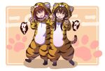  2girls alternate_costume animal_print brown_eyes brown_hair chinese_zodiac fang hair_ornament hairclip highres hood hood_up hooded_pajamas ikazuchi_(kancolle) inazuma_(kancolle) kantai_collection multiple_girls open_mouth pajamas print_pajamas sidelocks speech_bubble tiger_print tonky year_of_the_tiger 