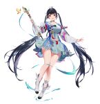  1girl arm_at_side bangs bird black_hair breasts brown_eyes dress floating flute full_body gran_saga hand_up highres holding holding_instrument instrument joybrew long_hair long_sleeves looking_at_viewer medium_breasts open_mouth shoes short_dress simple_background solo tassel twintails white_background white_footwear 