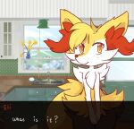 2017 anthro appliance arm_tuft big_ears big_tail biped blush blush_lines braixen cabinet cheek_tuft curled_tail dating_sim dialogue digital_drawing_(artwork) digital_media_(artwork) door elbow_tuft eli_(fiddleafox) english_text eyelashes facial_tuft fiddleafox flower fluffy fluffy_tail fur gameplay_mechanics generation_6_pokemon grass handpaw hands_together inner_ear_fluff inside kitchen kitchen_appliance kitchen_cabinet kitchen_counter kitchen_sink kitchen_stove lamp looking_at_viewer male nintendo nude orange_body orange_eyes orange_fur orange_nose paws plant plant_pot pokemon pokemon_(species) potted_plant question question_mark river shoulder_tuft sink smile soap solo solo_focus standing stove tail text tuft user_interface visual_novel_interface wall_(structure) white_body white_fur window yellow_body yellow_flower yellow_fur