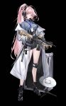  1girl ar-15 bang_dream! bang_dream!_it's_mygo!!!!! black_background black_gloves black_shoes black_skirt blue_eyes breasts chibi chihaya_anon closed_mouth coat commentary_request full_body gloves grey_sweater gun headphones highres holding holding_gun holding_weapon iue_(pixiv_95802465) knee_pads long_hair medium_breasts microphone pink_hair ponytail rifle shoes simple_background skirt solo sweater watch weapon white_coat wristwatch 