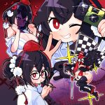  1girl :o alternate_costume black_boots black_hair black_wings blush boots breasts camera full_body glasses gloves gram_9 grin hands_up hat heart heart-shaped_pupils highres holding holding_camera large_breasts legs medium_hair multiple_expressions one_eye_closed panty_straps parted_lips penis_awe penis_shadow pom_pom_(clothes) race_queen red_eyes round_eyewear shameimaru_aya shirt single_off_shoulder smile symbol-shaped_pupils thigh_boots thighs tokin_hat touhou v variations wavy_mouth white_shirt wings 