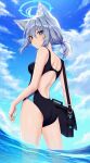 1girl :/ absurdres animal_ear_fluff animal_ears ass back backless_swimsuit bag bare_arms blue_archive blue_eyes blue_sky blush breasts cat_ears cloud cloudy_sky cowboy_shot cross_hair_ornament day grey_hair hair_ornament halo highres kes_0210 looking_at_viewer looking_back median_furrow medium_breasts medium_hair mismatched_pupils multicolored_hair one-piece_swimsuit outdoors partially_underwater_shot ponytail shiroko_(blue_archive) shiroko_(swimsuit)_(blue_archive) shoulder_bag sidelocks sky solo standing swimsuit two-tone_hair wading water 