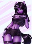  &lt;3 anthro anthrofied black_hair bottomwear bracelet breasts cleavage clothed clothing equid equine goth goth_izzy_(mlp) hair hasbro hi_res horn izzy_moonbow_(mlp) jewelry mammal mlp_g5 my_little_pony navel navel_piercing piercing pose purple_eyes shorts solo unicorn yutakira92 