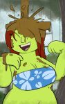 absurd_res belly big_belly big_breasts bikini blush breasts clothed clothing digital_media_(artwork) dirty dreamworks eyes_closed female floral_pattern green_body green_skin hair hi_res humanoid light_blue mammal messy mud muddy navel not_furry ogre open_mouth outside overweight overweight_female plant princess_fiona red_hair sebaku shower shrek_(series) simple_background smile solo swamp swimwear topwear tree two-piece_swimsuit wam