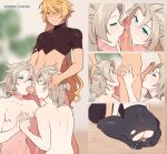  aether_(genshin_impact) albedo_(genshin_impact) anilingus aqua_eyes ass blonde_hair cooperative_fellatio crop_top cum cum_on_clothes fellatio genshin_impact group_sex highres licking licking_penis long_hair male_focus matemi medium_hair mmm_threesome nipples oral pantyhose penis short_sleeves threesome torn_clothes torn_legwear torn_pantyhose yaoi yellow_eyes 