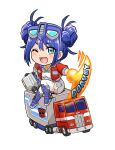  1girl ;d autobot axe belt blue_belt blue_boots blue_eyes blue_hair boots box_truck carrying carrying_under_arm character_name chibi commentary cropped_shirt double_bun energy_axe energy_weapon eyewear_on_head genderswap genderswap_(mtf) glasses grey_shorts hair_bun highres humanization jacket komagoma looking_at_viewer matrix_of_leadership motor_vehicle one_eye_closed open_mouth optimus_prime optimus_prime_(kotobukiya_bishoujo) red_jacket roller_(transformers) semi_truck shirt shorts simple_background sitting smile solo thighhighs trailer transformers transformers:_generation_1 truck weapon white_background white_shirt white_thighhighs 