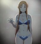  1girl asuna_(sao) breasts brown_hair cleavage collarbone hand_up large_breasts lingerie long_hair looking_at_another looking_at_viewer navel open_mouth puge red_eyes solo sword_art_online underwear window worried 