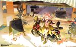 1girl absurdres animal_ears boots cafe cat cat_ears cat_girl highres honda liwendala looking_at_viewer motor_vehicle motorcycle pink_hair scenery shimakaze_(warship_girls_r) sitting smile warship_girls_r yellow_eyes 