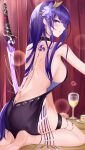  1girl absurdres back bangs breasts dress genshin_impact hair_ornament highres katana kuro_(blackpgmickey) large_breasts long_hair looking_at_viewer mole mole_under_eye musou_isshin_(genshin_impact) purple_eyes purple_hair raiden_shogun solo sword thighs very_long_hair weapon 