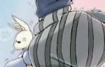 anthro beastars big_breasts big_butt bottom_heavy bottomwear breasts butt canid canine canis clothed clothed_anthro clothed_female clothed_male clothing cross-popping_vein dialogue duo english_text female femboy fully_clothed fur grey_body grey_fur haru_(beastars) hi_res huge_butt jealous lagomorph legoshi_(beastars) leporid lolbear_9 looking_at_another's_butt looking_at_butt male mammal pants pattern_bottomwear pattern_clothing pattern_pants rabbit shirt size_difference speech_bubble striped_bottomwear striped_clothing striped_pants stripes tail text topwear wolf