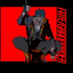  1boy absurdres azisaiharumaki56 bags_under_eyes black_pants black_vest closed_mouth copyright_name fate/grand_order fate_(series) fingerless_gloves full_body gloves grey_hair highres holding holding_sword holding_weapon long_sleeves looking_to_the_side male_focus pants red_background red_eyes saitou_hajime_(fate) shirt solo squatting sword vest weapon white_shirt 