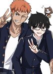  1girl 2boys arm_around_shoulder black_hair blush brown_eyes brown_hair buttons chibi chibi_inset collared_shirt earrings fang glasses grin hair_between_eyes highres inui_arihiko jacket jewelry kaisaki long_hair male_focus multiple_boys open_clothes open_jacket orange_hair red_ribbon ribbon school_uniform shirt smile souya_high_school_uniform sukiniyaru sweat sweater tohno_shiki tsukihime tsukihime_(remake) two_side_up v very_long_hair white_shirt yellow_sweater yumizuka_satsuki 