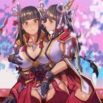  2girls black_hair blush breasts brown_eyes closed_mouth commentary_request hinoa incest long_hair minoto monster_hunter_(series) monster_hunter_rise multiple_girls petals pointy_ears siblings simplecar sweatdrop twincest twins yuri 