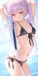  1girl armpits arms_up bangs bikini black_bikini blush breasts cleavage commentary_request long_hair looking_at_viewer mignon navel original outdoors partially_submerged pink_hair red_eyes short_sleeves side-tie_bikini small_breasts smile swimsuit thighs twintails water 