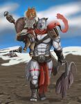  5_toes abs after_battle anthro armor barbarian belt blood blue_eyes bodily_fluids bottomwear breastplate bruno_(ceehaz) canid canine canis carrying_partner clothing decapitation dog_knight_rpg domestic_dog duo feet female fur hi_res holding_object ill_oracle larger_male loincloth maci_(ceehaz) male mammal melee_weapon monster mountain muscular muscular_male nordic_sled_dog pauldron pomeranian rock samoyed scarf shield size_difference sky smaller_female snow spitz sword toes walking weapon white_body white_fur 