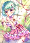  1girl :d bangs bare_shoulders blurry blurry_background blush breasts cleavage commission depth_of_field dress flower food food-themed_hair_ornament frilled_dress frills fruit green_hair hair_flower hair_ornament hands_up highres holding holding_food kouta. leaning_forward medium_breasts one_side_up original petals pink_dress plaid plaid_dress red_eyes red_ribbon ribbon skeb_commission smile solo strapless strapless_dress strawberry strawberry_hair_ornament thighhighs white_flower 