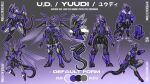  2020 absurd_res alternate_form anthro black_body bulge claws clothing dragon english_text gradient_background grey_body hi_res high_heels holding_katana holding_object holding_weapon jacket jooshy living_clothing machine male melee_weapon multicolored_body purple_body purple_claws purple_clothing purple_jacket purple_topwear robot simple_background solo standing text topwear visor weapon wings yuudi_(jooshy) 