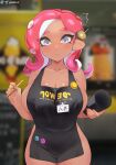  agent_8_(splatoon) alternate_breast_size apron apron_only big_breasts black_apron bodily_fluids breasts clothing collarbone container cup female grey_eyes hair hi_res humanoid i_mean_breast_milk iced_latte_with_breast_milk impossible_clothing japanese_text jtveemo lactating lactation_through_clothes meme mostly_nude nintendo pencil_(disambiguation) pink_hair signature smiley_face solo solo_focus splatoon surprise tanned tanned_skin text thick_thighs video_games wide_hips 