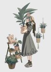  1girl absurdres black_socks collared_dress creature dress from_side full_body green_hair grey_dress hanging_plant hashtag-only_commentary hat highres holding holding_creature loafers looking_up natsuba002 original plant potted_plant red_eyes shelf shoes short_hair short_sleeves sidelocks simple_background socks standing striped_clothes striped_socks sun_hat vertical-striped_clothes vertical-striped_socks white_background 