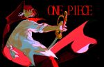  1boy amputee azisaiharumaki56 black_background closed_mouth collared_cape commentary_request copyright_name drawing_sword facial_hair high_collar highres holding holding_sword holding_weapon male_focus mustache one_piece pants red_hair red_pants shanks_(one_piece) shirt short_hair signature solo sword upper_body weapon white_shirt 