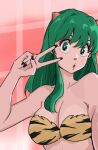  1girl :o animal_print bikini black_nails breasts bright_pupils cleavage cone_horns green_eyes green_hair highres horns large_breasts lips long_hair looking_at_viewer lum poppowerhearts solo strapless strapless_bikini swimsuit tiger_print upper_body urusei_yatsura v white_pupils 