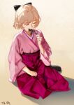  1girl blonde_hair bow character_request closed_eyes flower hair_bow highres japanese_clothes kimono pink_kimono rabbit_(tukenitian) short_hair signature sitting smelling smelling_flower solo 