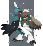  alternate_color arm_around_shoulder beak carrying decidueye feathers hidane_(natsume_hdn) hisuian_decidueye looking_at_viewer no_humans pokemon pokemon_(creature) red_eyes shiny_pokemon sparkle standing talons wings 