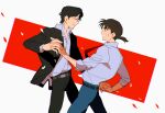  2boys azisaiharumaki56 black_jacket black_pants blue_pants commentary_request grin highres holding_hands jacket kindaichi_hajime kindaichi_shounen_no_jikenbo male_focus multiple_boys necktie nervous pants ponytail red_necktie shirt smile takatoo_youichi white_shirt yaoi 