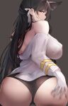  1girl animal_ears ass atago_(azur_lane) azur_lane bangs bare_shoulders black_background black_hair black_panties breasts closed_mouth dog_ears from_behind gloves hair_ornament hand_on_own_ass highres large_breasts liaowen long_hair long_sleeves looking_at_viewer looking_back mole mole_under_eye off_shoulder panties simple_background smile solo underwear white_gloves 