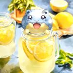  :d artist_name bright_pupils commentary fangs fluffybiscotti food fruit grey_eyes happy jar lemon lemon_slice lemonade looking_at_viewer no_humans open_mouth pokemon pokemon_(creature) smile solo spheal tongue white_pupils 