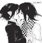  2boys bangs blush checkered_clothes checkered_scarf danganronpa_(series) danganronpa_v3:_killing_harmony dual_persona eye_contact flipped_hair from_side holding_hands jacket long_sleeves looking_at_another multiple_boys official_alternate_costume ouma_kokichi parted_lips scarf selfcest shiny shiny_hair teeth togi9999 translation_request upper_body yaoi 
